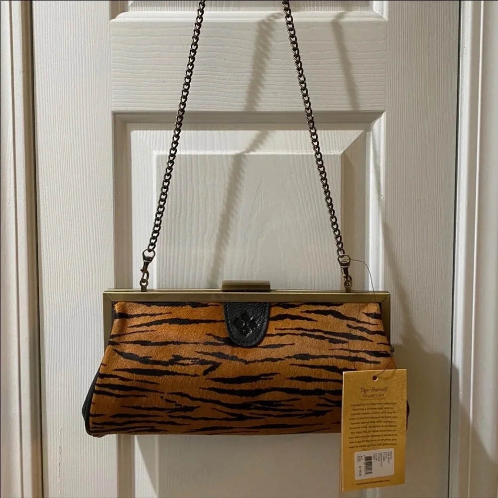 Patricia Nash Athena Printed Haircalf Leather Frame Bag/Clutch - Tiger NWT - Picture 1 of 12